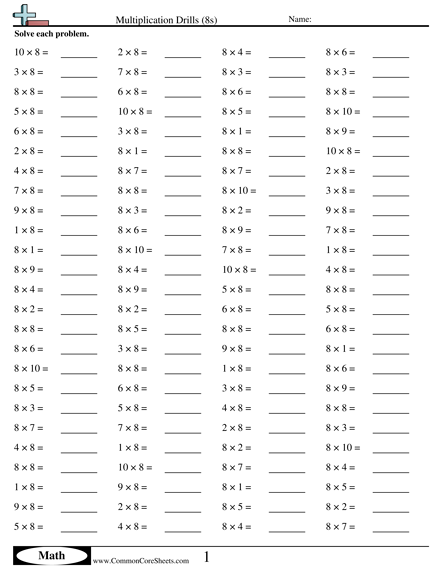 8s (horizontal) Worksheet - Multiplication Drills (8s) worksheet